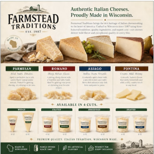 Farmstead Traditions Italian cheese sell sheet, Parmesan Romano Asiago Fontina